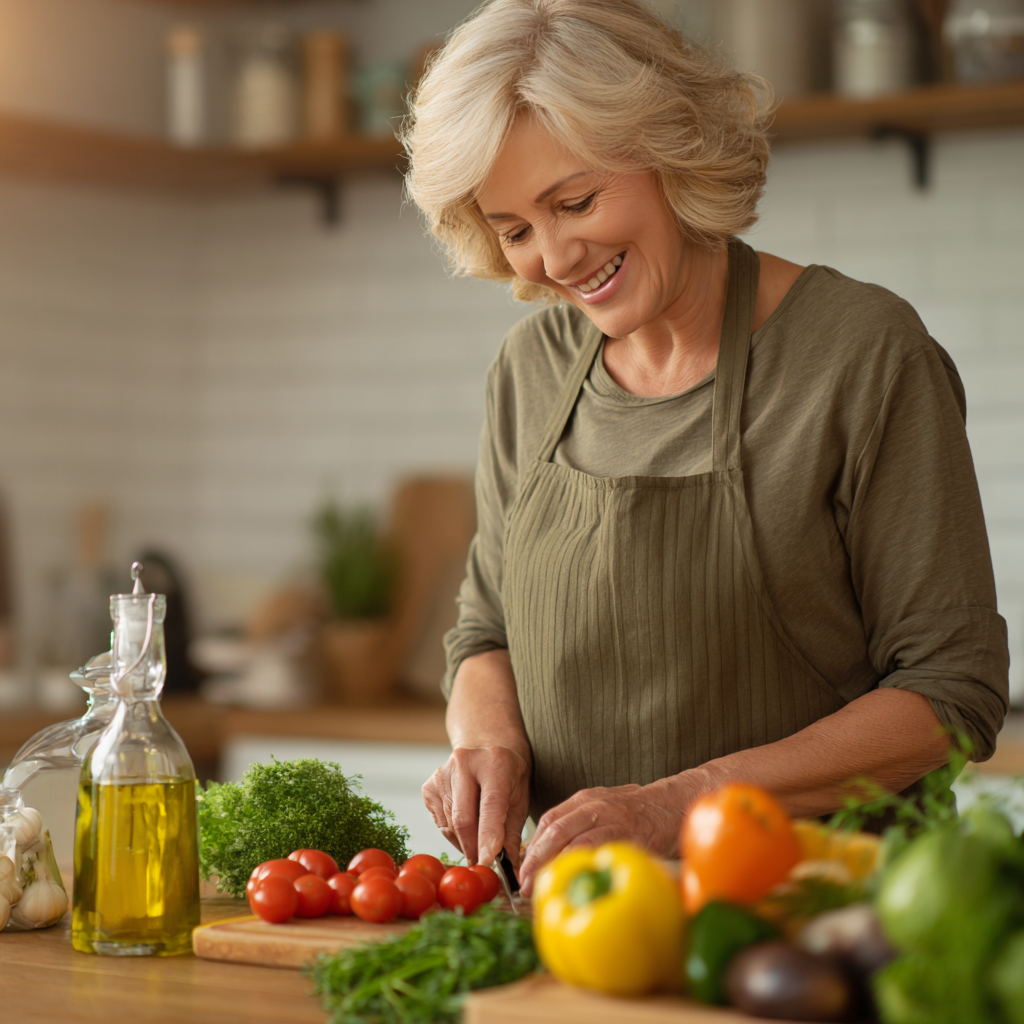 Middle-aged woman preparing fresh vegetables in bright kitchen