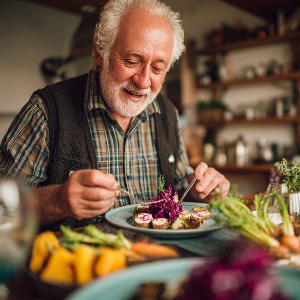 Older adult enjoying balanced meal with seasonal ingredients